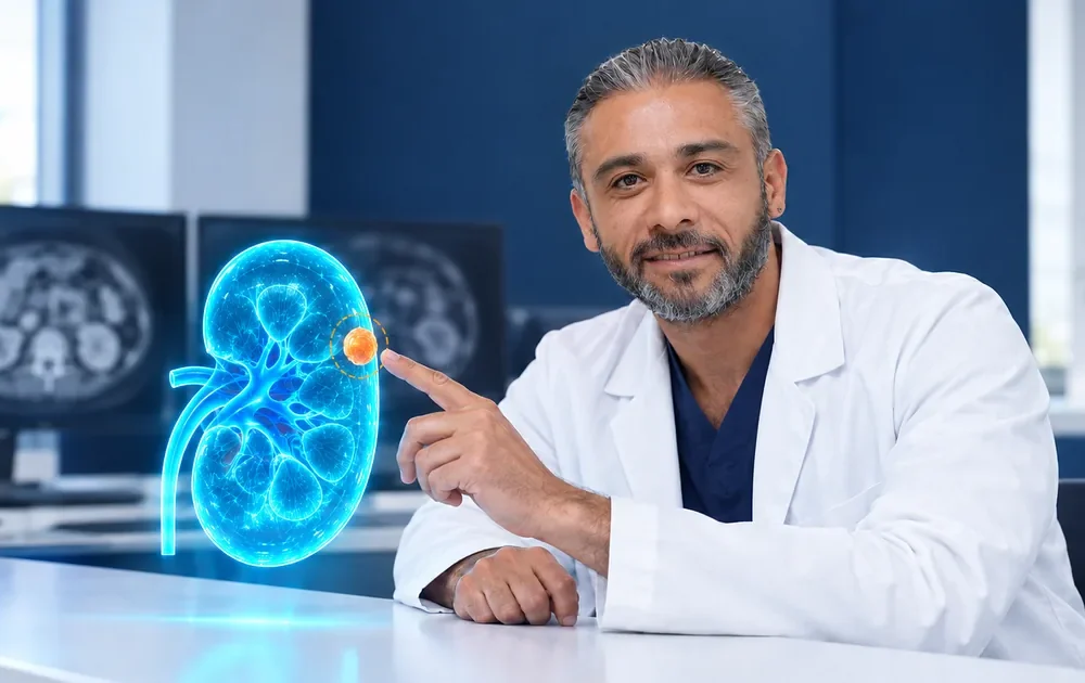Prof. Dr. Orçun Çelik, böbrek kanserinde organ koruyucu cerrahi için 3B böbrek modelinde tümörlü bölgeyi gösteriyor
