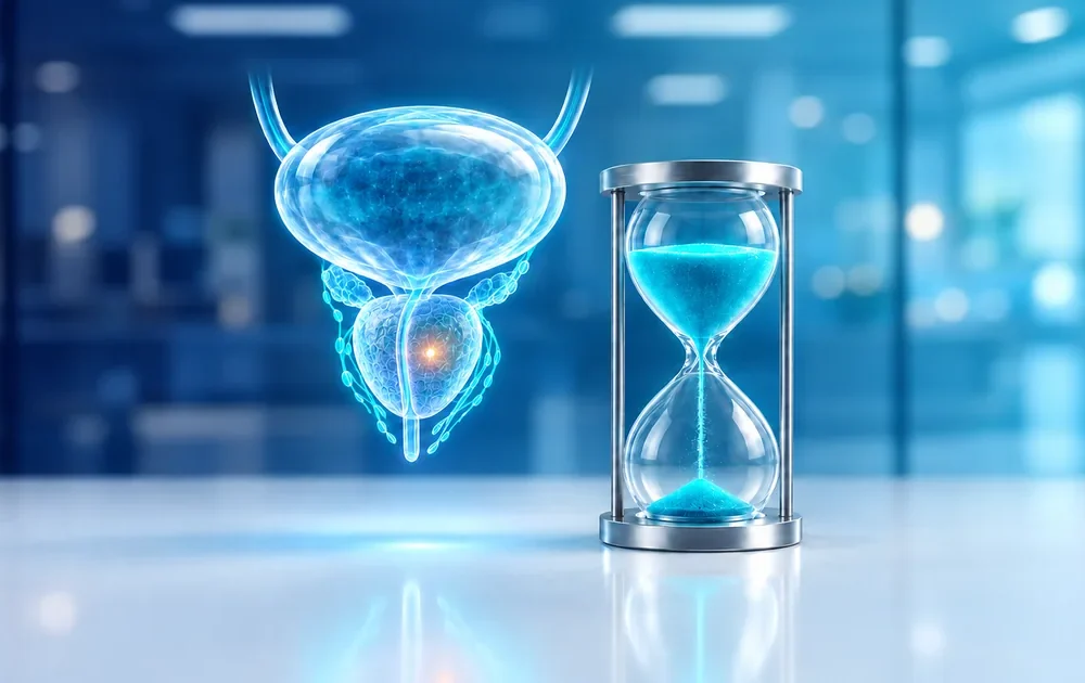 Prostat ve sinir-damar demetlerini gösteren 3B hologram yanında kum saati: prostat kanserinde erken tanının önemi