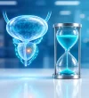 Prostat ve sinir-damar demetlerini gösteren 3B hologram yanında kum saati: prostat kanserinde erken tanının önemi